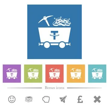 Tether cryptocurrency mining with treasure flat white icons in square backgro Stock-Illustration