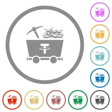 Tether cryptocurrency mining with treasure flat icons with outlines Stock-Illustration