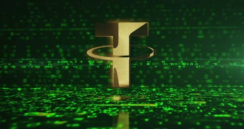 Tether stablecoin crypto currency golden metal shine symbol Stock Footage 318236205