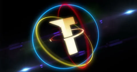 Tether stablecoin crypto currency golden symbol in neon circle Stock Footage 318641854