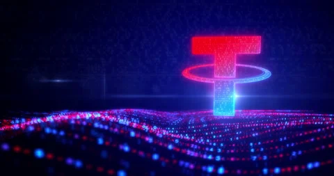 Tether stablecoin crypto currency symbol on flowing digital waves Stock Footage 318582124