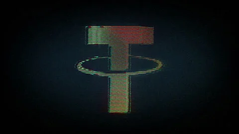 Tether stablecoin crypto currency symbol with retro style noise glitch Stock Footage 318582244