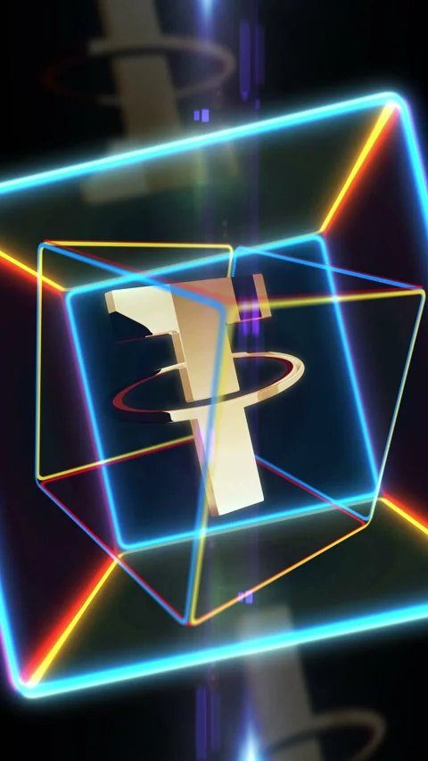 Tether stablecoin crypto currency symbol in box vertical video Stock Footage 318641988