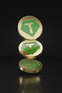 Tether USDT coins floating in the air isolated on black background. 3D illu.. Stock Illustration