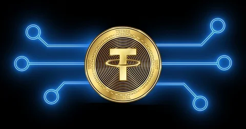 Tether (USDT) cryptocurrency coin with glowing blockchain transaction schematic Stock Footage 102377886
