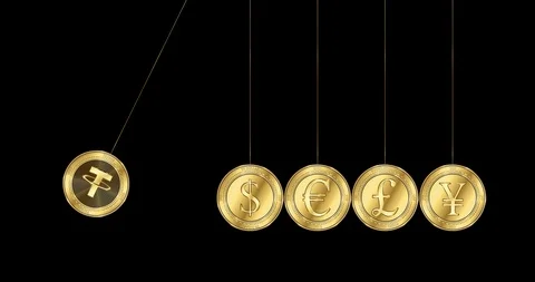Tether (USDT) cryptocurrency coin is shattered about the main world currencies. Stock Footage 102371604