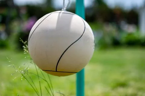 Tetherball sitting idle next to the pole in a backyard. Foto stock