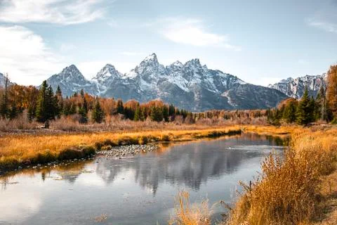 Teton mountain range reflection in water at Schwabacher's Landing Wyoming Stock Photos