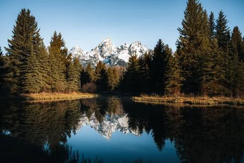 Teton Range reflected on beaver pond at Schwabacher Landing, Grand Teton Stock Photos