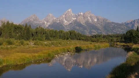 Teton Range Reflection in Snake River at Schwabacher Landing 4K Stock-Footage 337512733