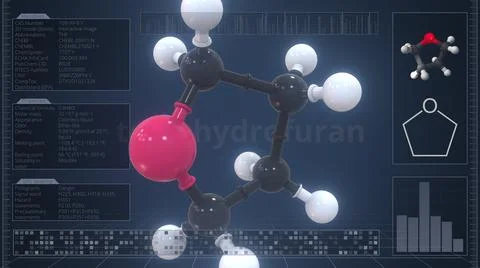 Tetrahydrofuran molecule with description on the computer screen, 3d rendering Illustrazione stock