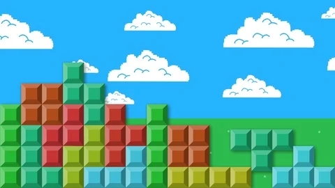 Tetris Video Game on Sky and Clouds Background 8-Bit Style Stock Footage
