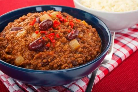 Tex- mex chilli with beans and white rice Stock Photos