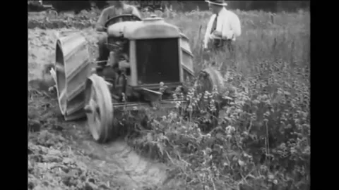 TEXAS - 1920 - Tractor-drawn plow in weed-filled field in Austin. Tractors plow Stock Footage 312794318