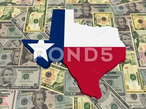 Texas 3d map flag on american dollars illustration Stock Illustration