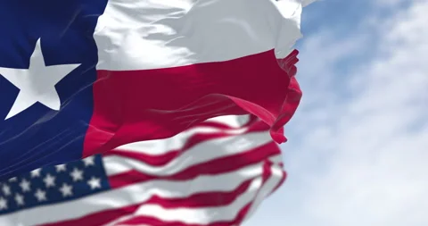 Texas and American flags waving together in blue sky. 3D render Stock Footage 345574735