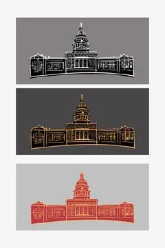 Texas Capitol Building in Austin. Vector hand draw sketch illustration. Set in Ilustración de archivo