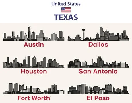 Texas cities skylines silhouettes vector set Stock Illustration