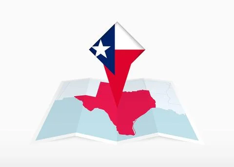 Texas is depicted on a folded paper map and pinned location marker with fla.. Stock Illustration