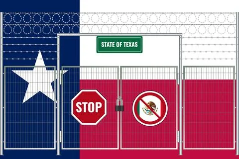Texas flag behind barbed wire and a fence with a lock. The problem of illeg.. Stock Illustration