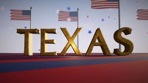 Texas Gold 3D Letters with Waving American Flags on a Red and Blue Plaza Under Stockbeeldmateriaal 343071074