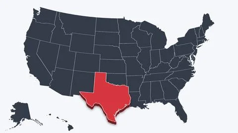 Texas Highlighted Raised in 3D on US Election Map Red Fill Scheme, White Stock Illustration