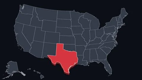 Texas Highlighted Raised in 3D on US Election Map Red Fill Scheme, Black Stock Illustration