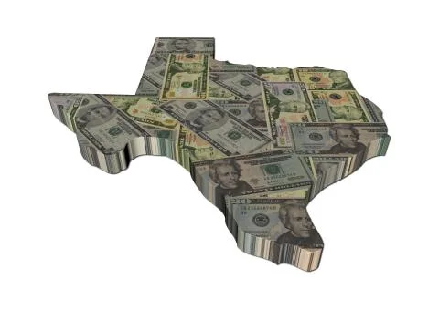 Texas map 3d render with dollars illustration Illustrazione stock
