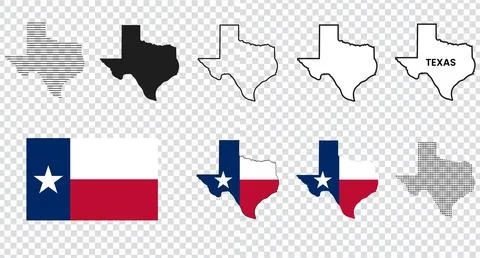 Texas Map Black and icon set | Texas Flag | State Border | Variations. Stock Illustration