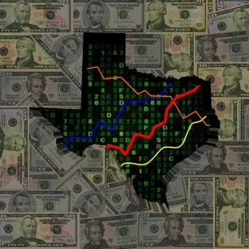 Texas map with hex code and graphs on dollars illustration Stock Illustration