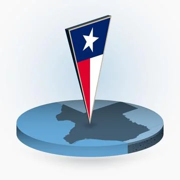 Texas map in round isometric style with triangular 3D flag of US State Texas Stock Illustration