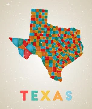 Texas map. Us state poster with colored regions. Old grunge texture. Vector.. Stock Illustration
