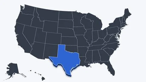 Texas Raised in 3D on US Election Map Red and Blue Highlight, White Background Stock Illustration