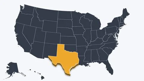 Texas Raised in 3D on US Election Map Teal and Amber Highlight, White Background Stock Illustration