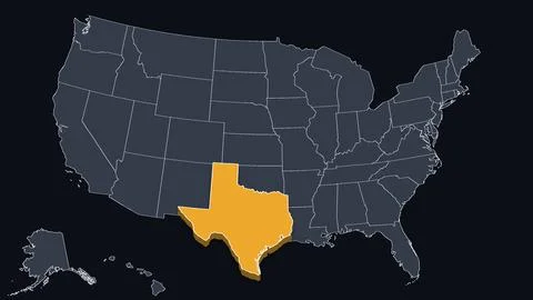 Texas Raised in 3D on US Election Map Teal and Amber Highlight, Black Background Stock Illustration