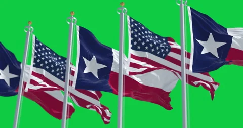 Texas state flags waving with american flag isolated on green background Stock Footage 325912397