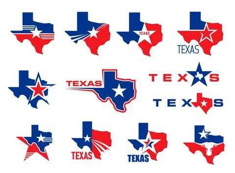 Texas state map icons with flag stars, bull head Stock Illustration