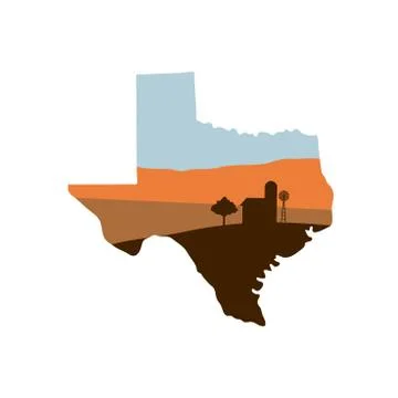 Texas State Shape with Farm at Sunset that has Windmill, Barn, and a Tree Stock Illustration