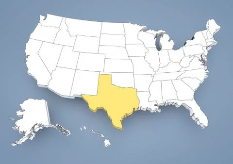 Texas, tx, highlighted on a contour map of usa, united states of america, 3d  Stock Illustration