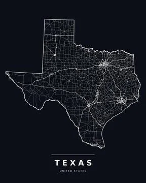 Texas TX Map Counties Highways Roads Dark Mode Editable Vector Stock Illustration