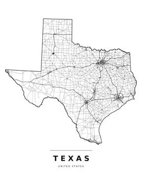 Texas TX Map Counties Highways Roads Black White Editable Vector Stock Illustration
