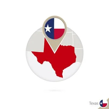 Texas US State map and flag in circle. Map of Texas, Texas flag pin. Map of.. Stock Illustration
