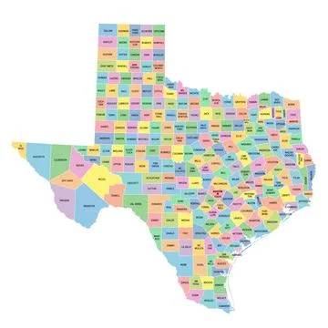 Texas, U.S. state, subdivided into 254 counties, multi colored map Stock Illustration