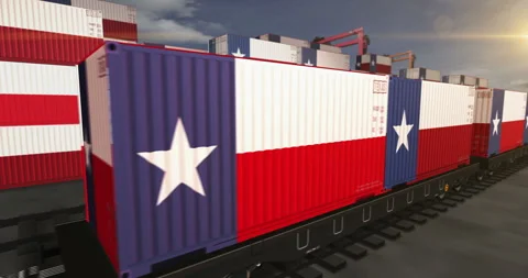 Texas USA export containers on cargo train wagons loop Stock Footage 346259112