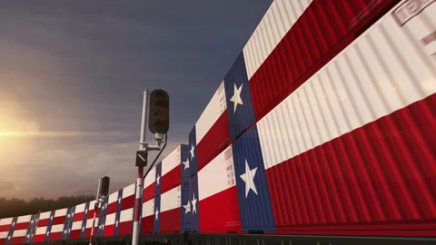Texas USA export containers on cargo train wagons loop Stock Footage 346305691