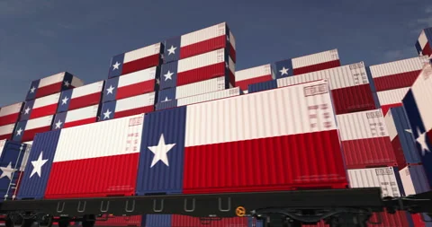 Texas USA export containers on cargo train wagons loop Stock Footage 346306185