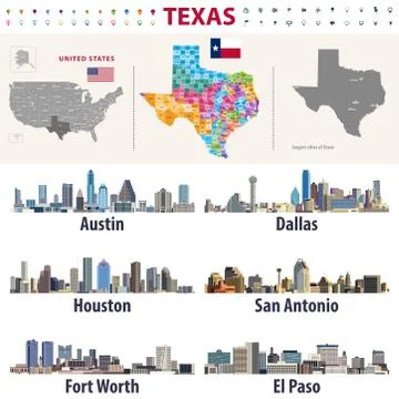 Texas's vector high detailed map. Largest cities skylines Ilustración de archivo