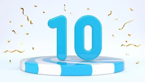 Text 10 standing on a striped stand, podium, stage surrounded by confetti. .. Stock Illustration
