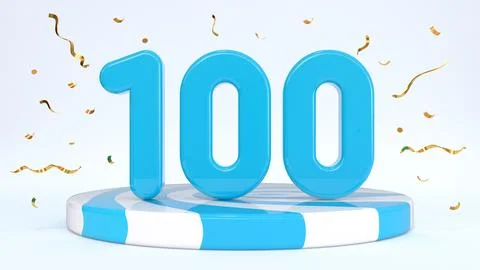 Text 100 standing on a striped stand, podium, stage surrounded by confetti. G Stock Illustration