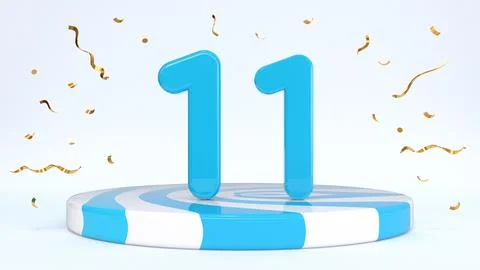 Text 11 standing on a striped stand, podium, stage surrounded by confetti. .. Stock Illustration